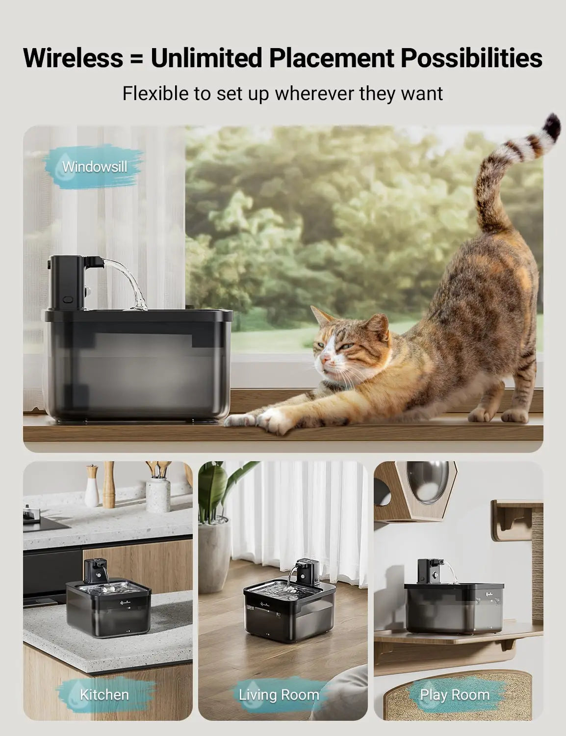 DownyPaws 2.5L Automatic Stainless Steel Cat Water Fountain 4000mAh Wireless Pet Drinker Battery & Sensor 2 in 1 Dispenser - Supersell